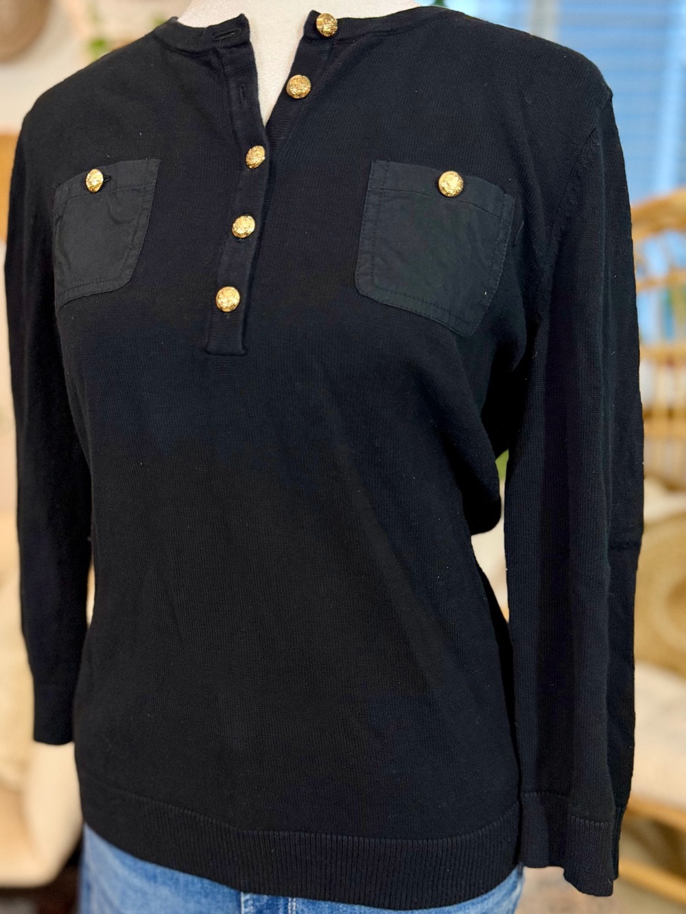 Lauren Ralph Lauren Black Cotton Henley Sweater Womens L Gold Crest Buttons - Picture 3 of 10